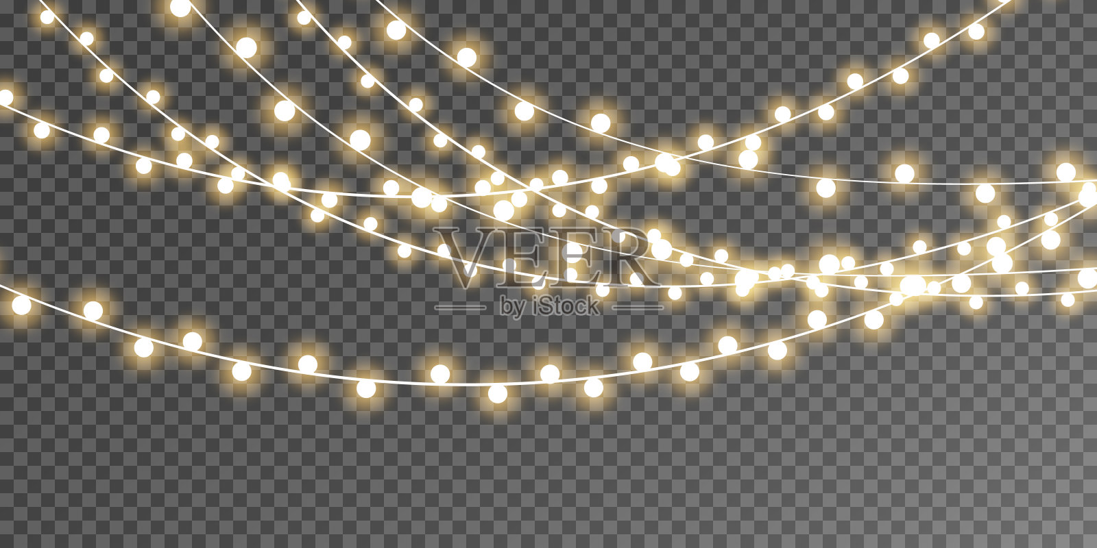 圣诞彩灯隔离在透明的背景。一套金色的圣诞发光花环。矢量图插画图片素材