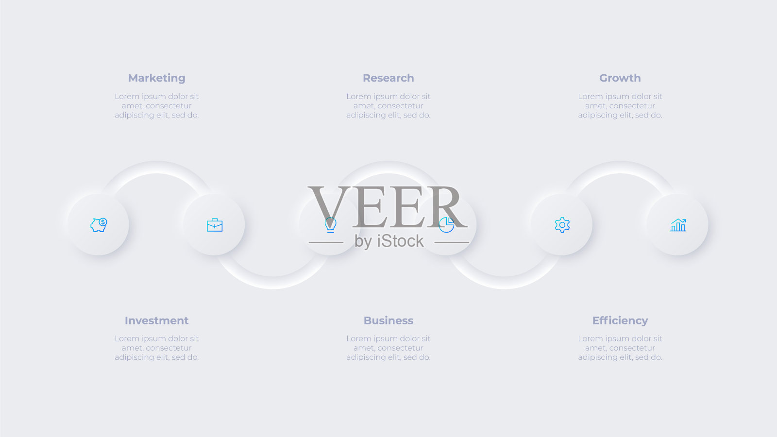 Neumorphic信息图时间轴设计模板。具有6个选项的业务数据可视化。开发过程的概念。设计模板素材
