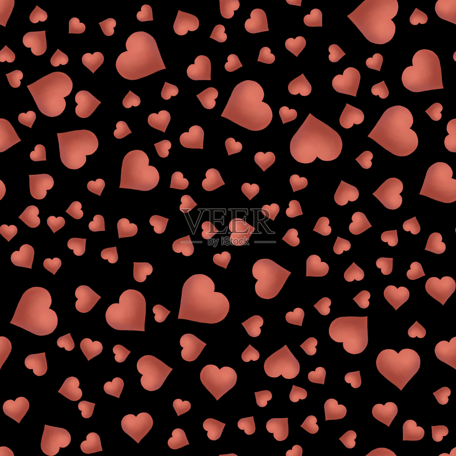 带爱心和鲜花的数字纸，用来装饰你的节日。黑色背景上的无缝图案。插画图片素材