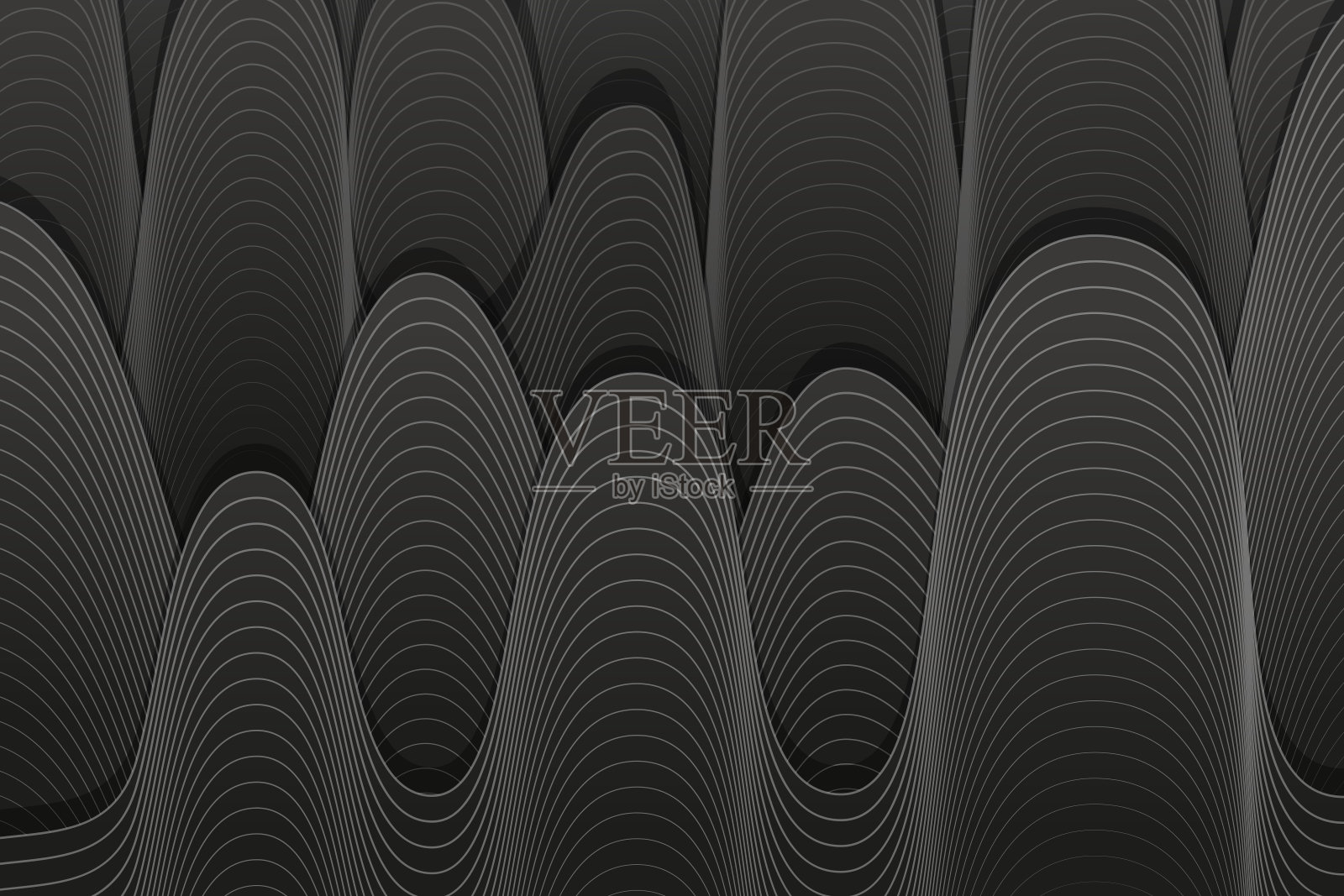 抽象向量水平黑白背景，单色波浪网格线。插画图片素材