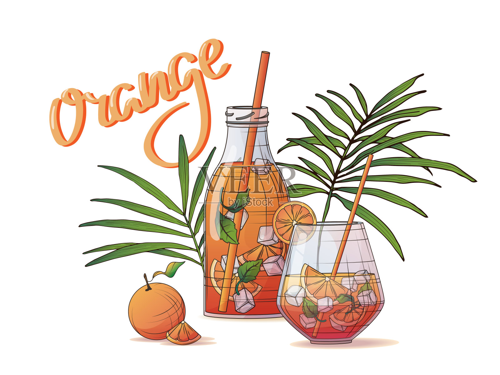 夏季鸡尾酒，新鲜橙汁加橙片，薄荷和冰块，瓶子和玻璃杯，棕榈叶。插画图片素材