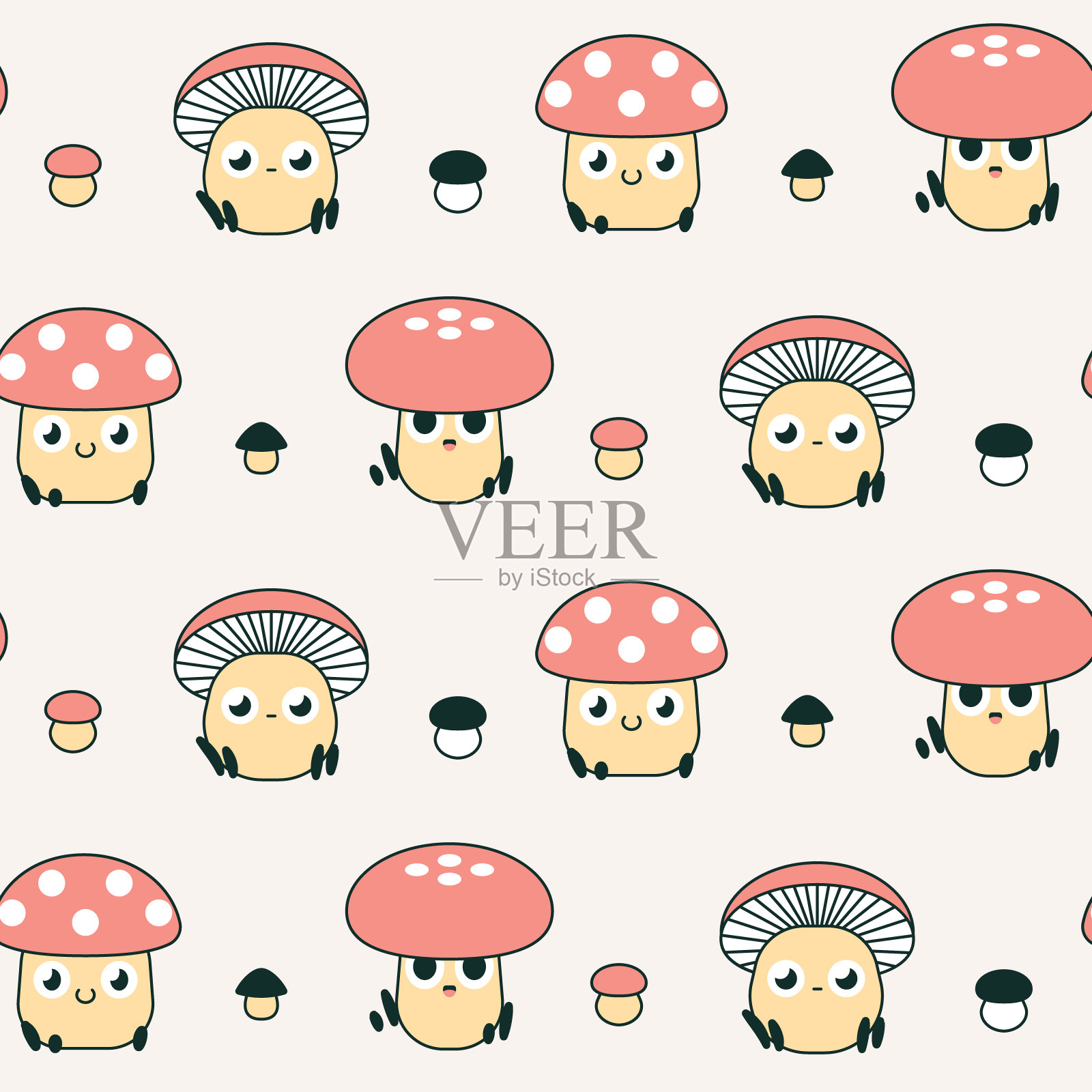 无缝图案与卡通蘑菇在白色背景。向量。插画图片素材