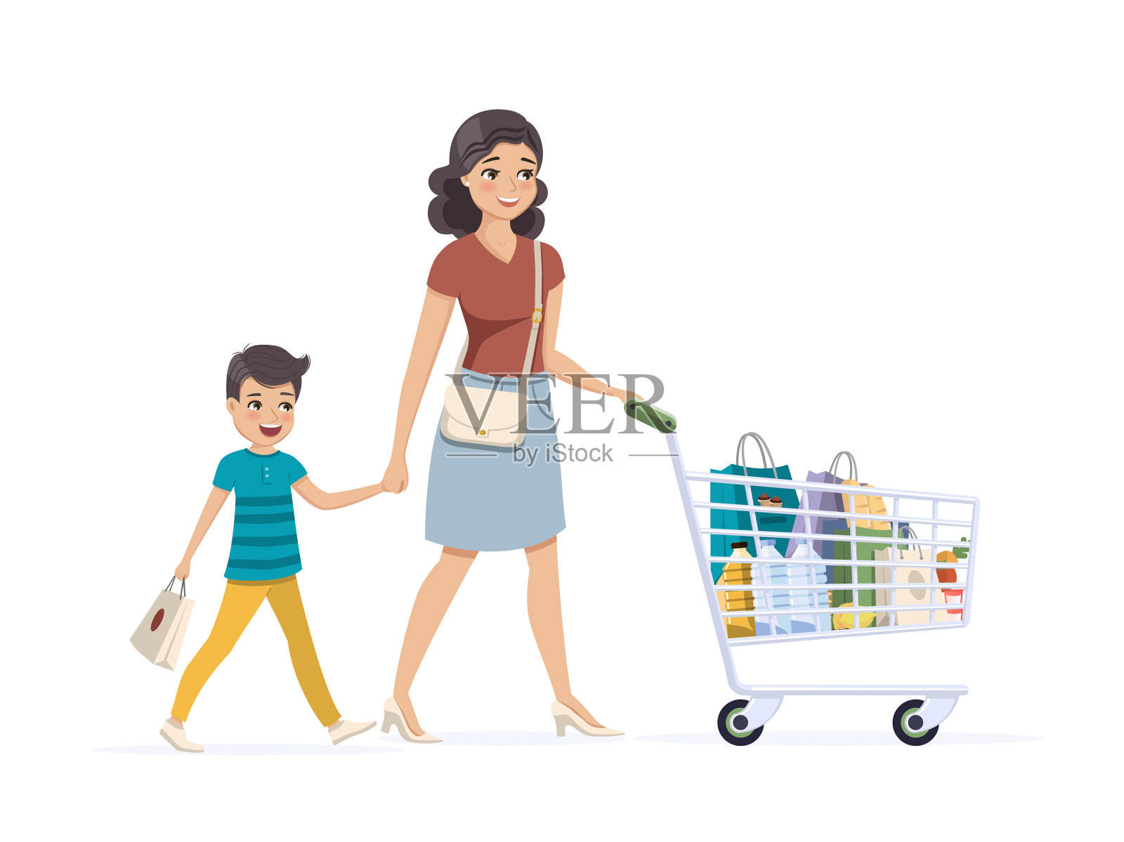 母亲和儿子在杂货店买东西插画图片素材