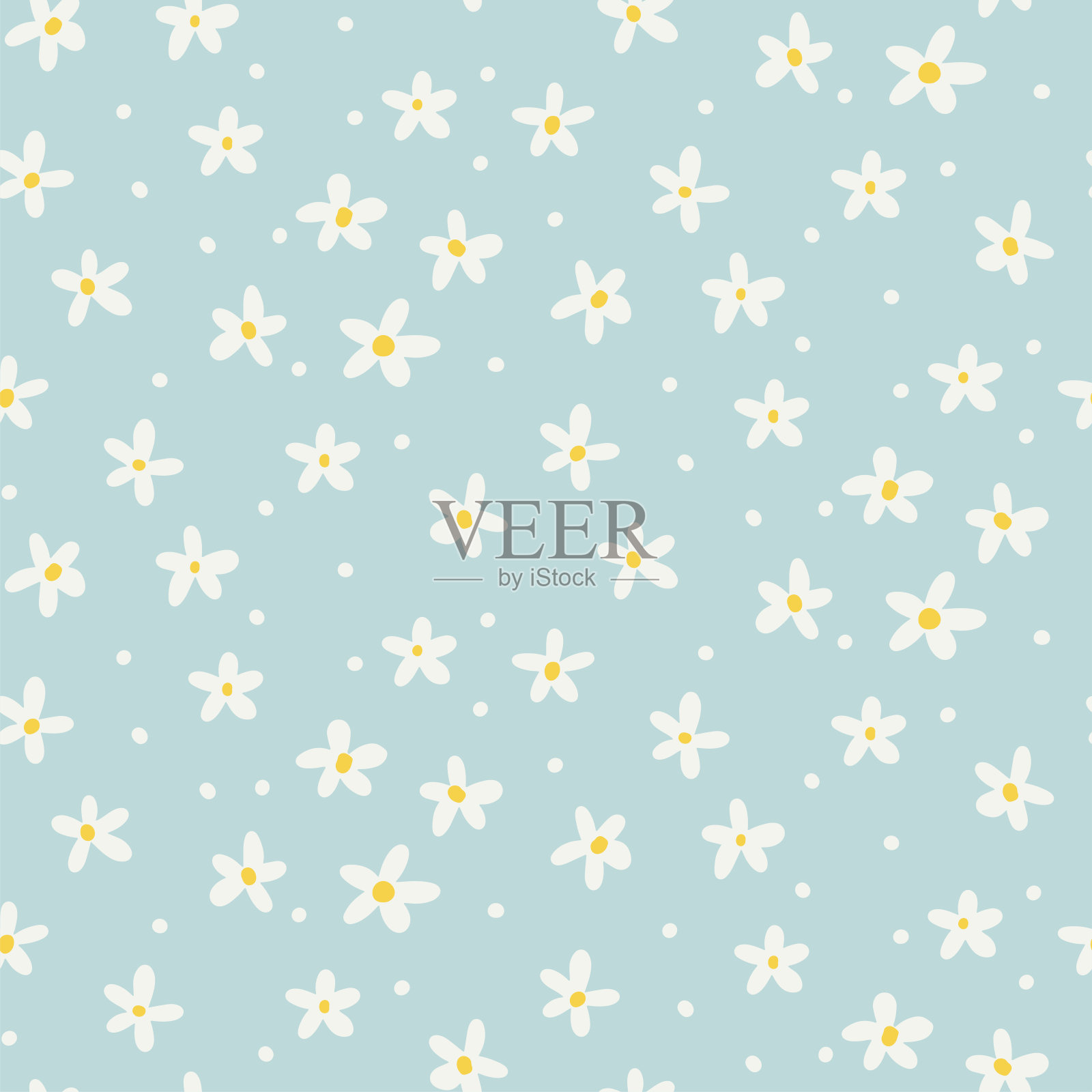 雏菊花无缝图案与整个雏菊在浅蓝色的背景。平面手绘矢量插图。可爱的印花。插画图片素材