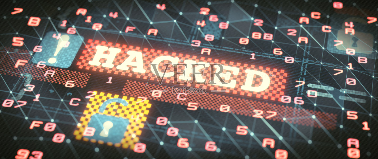 警告图形界面与“黑客”字，挂锁图标，网格模式和发光的加密计算机代码数字。虚拟现实中抽象的计算机犯罪或安全系统的表示。照片摄影图片