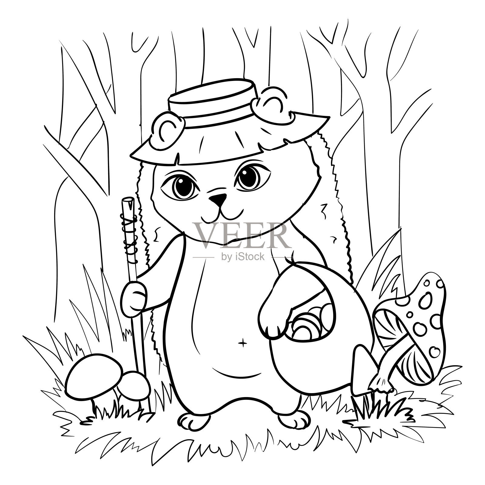 小刺猬收集蘑菇。在树林里露营。儿童填色书。矢量插图孤立在白色背景上。插画图片素材