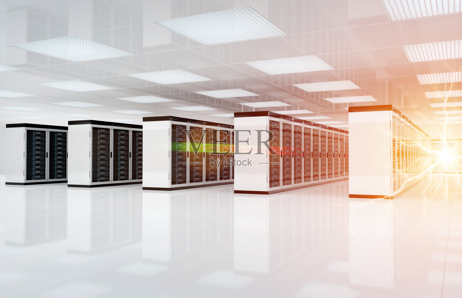 服务器电闪电数据中心机房存储系统3D渲染照片摄影图片