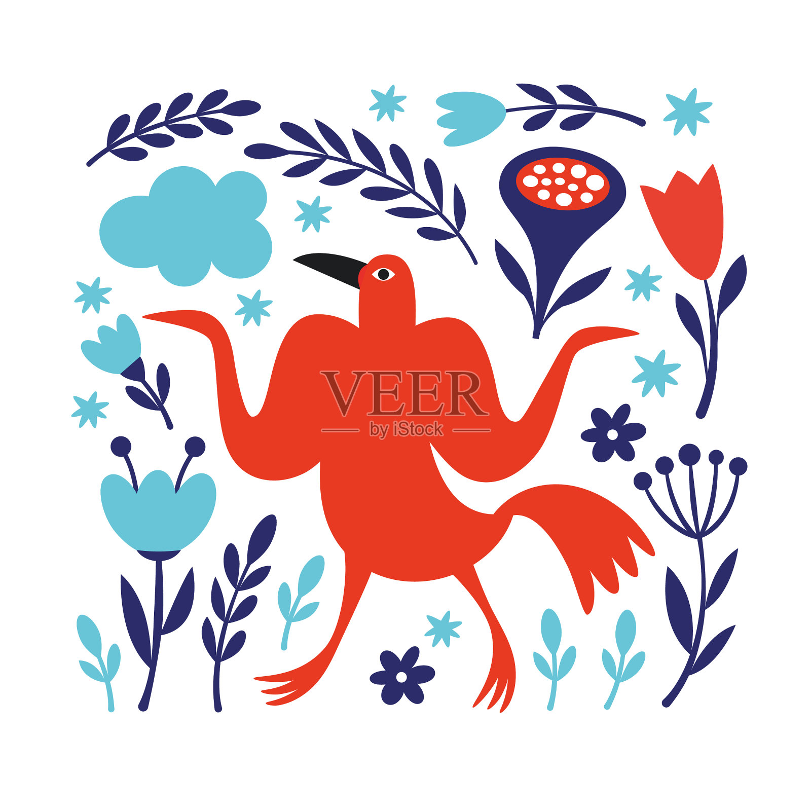 红色的鸟和花的贺卡插画图片素材