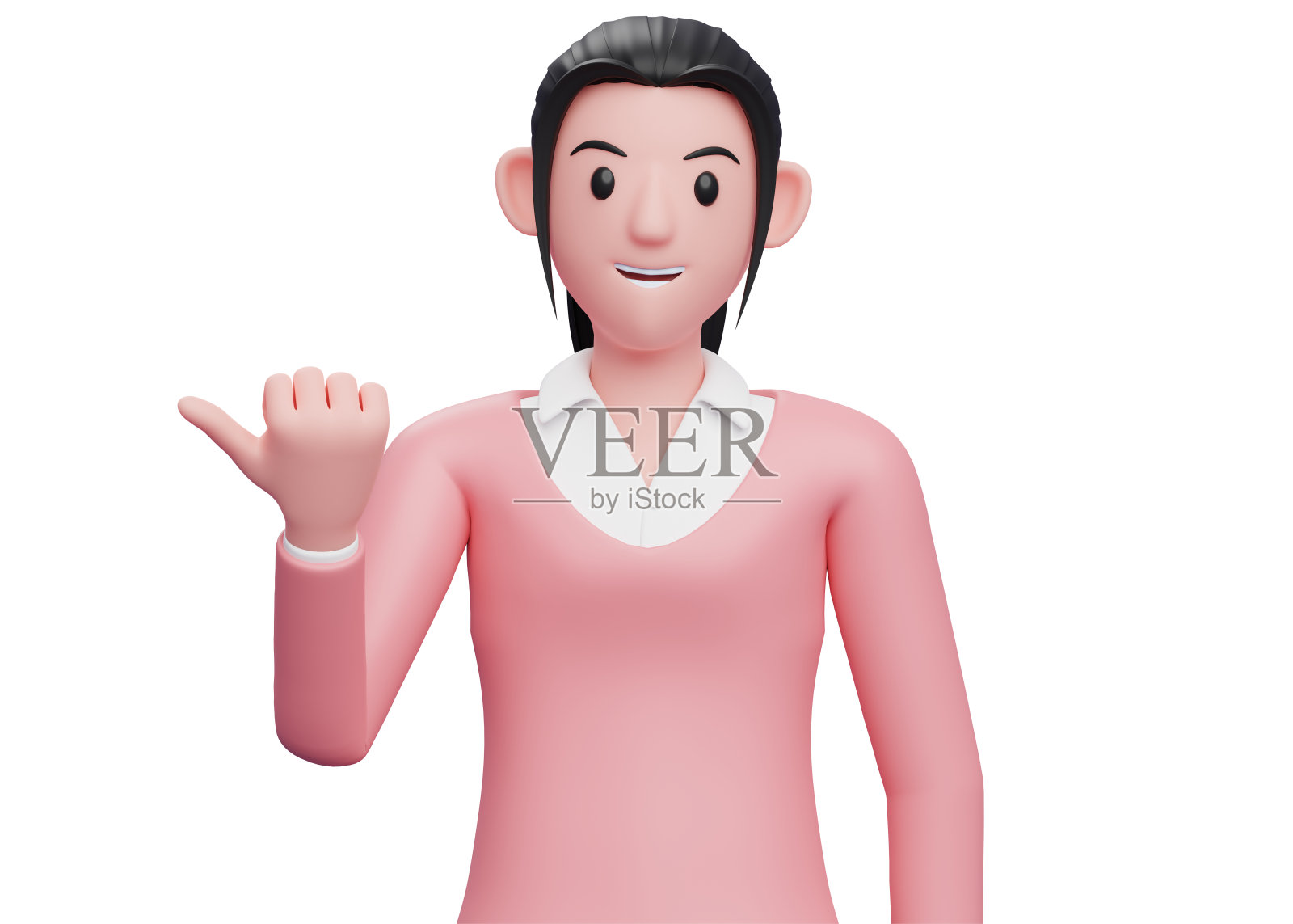 穿着运动衫的甜美女孩用拇指指着一边看着相机，一个穿着粉色毛衣的商业女性的3d插图指着照片摄影图片