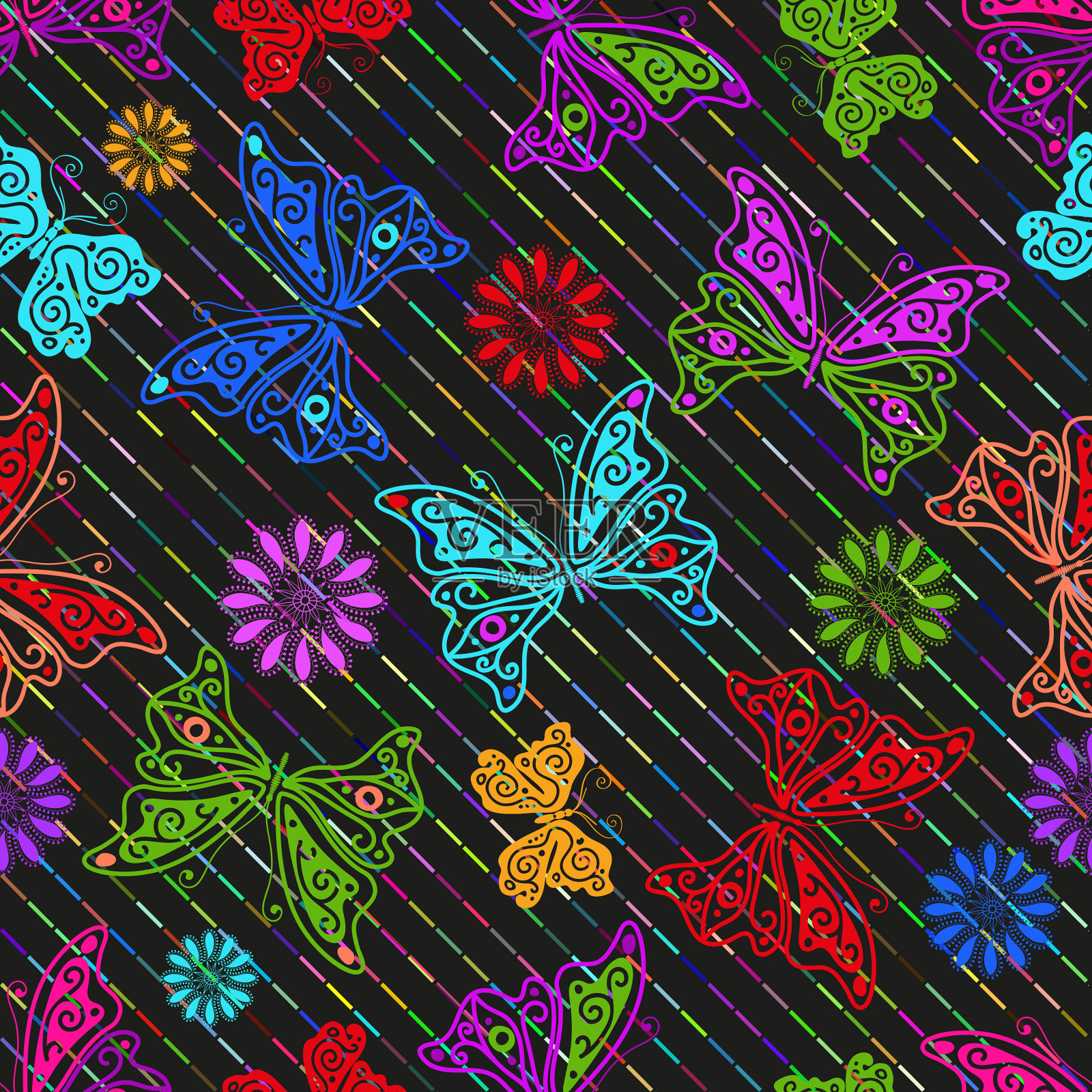 无缝生动的春天图案，色彩斑斓插画图片素材