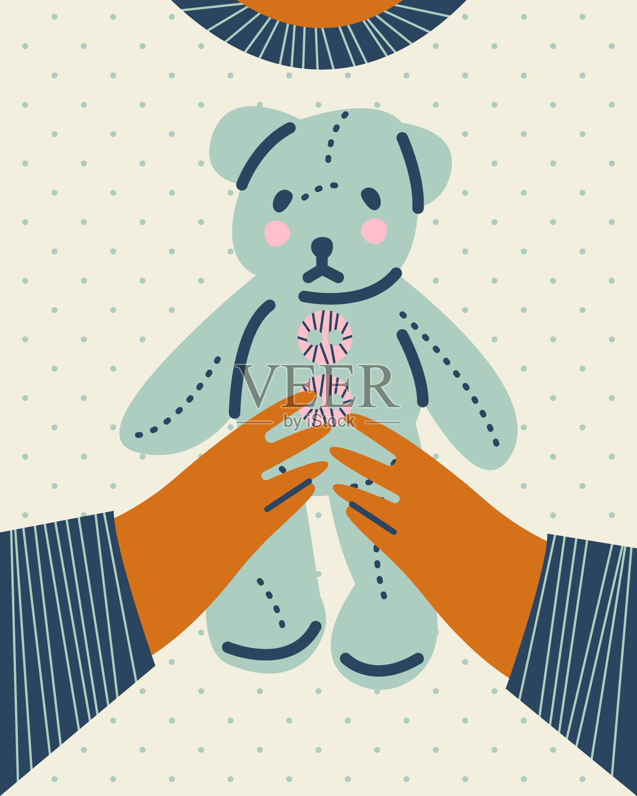 可爱的插图，印刷，泰迪熊卡片。手拿着玩具。矢量图形插画图片素材