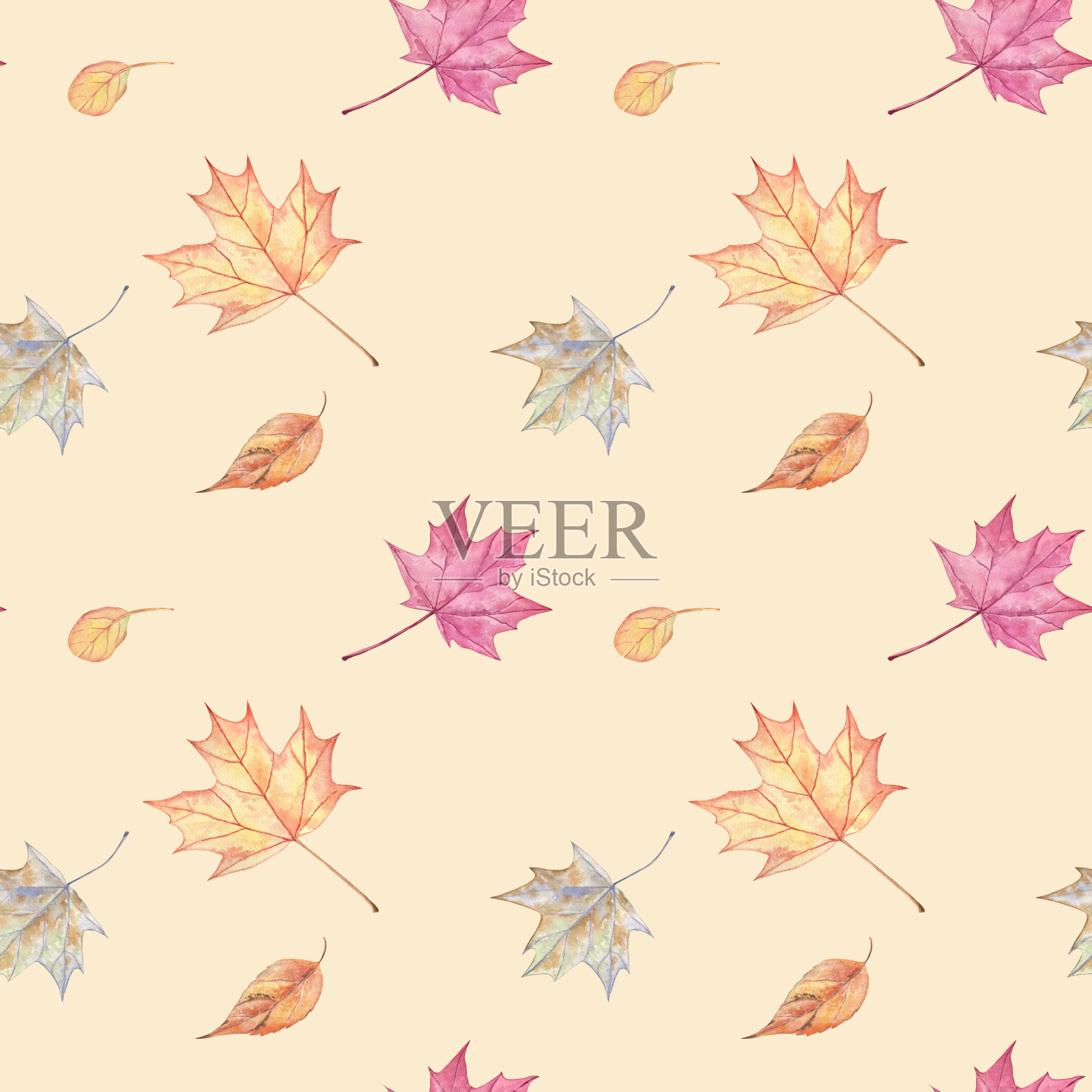 秋天无缝图案与水彩枫叶在黄色的背景插画图片素材