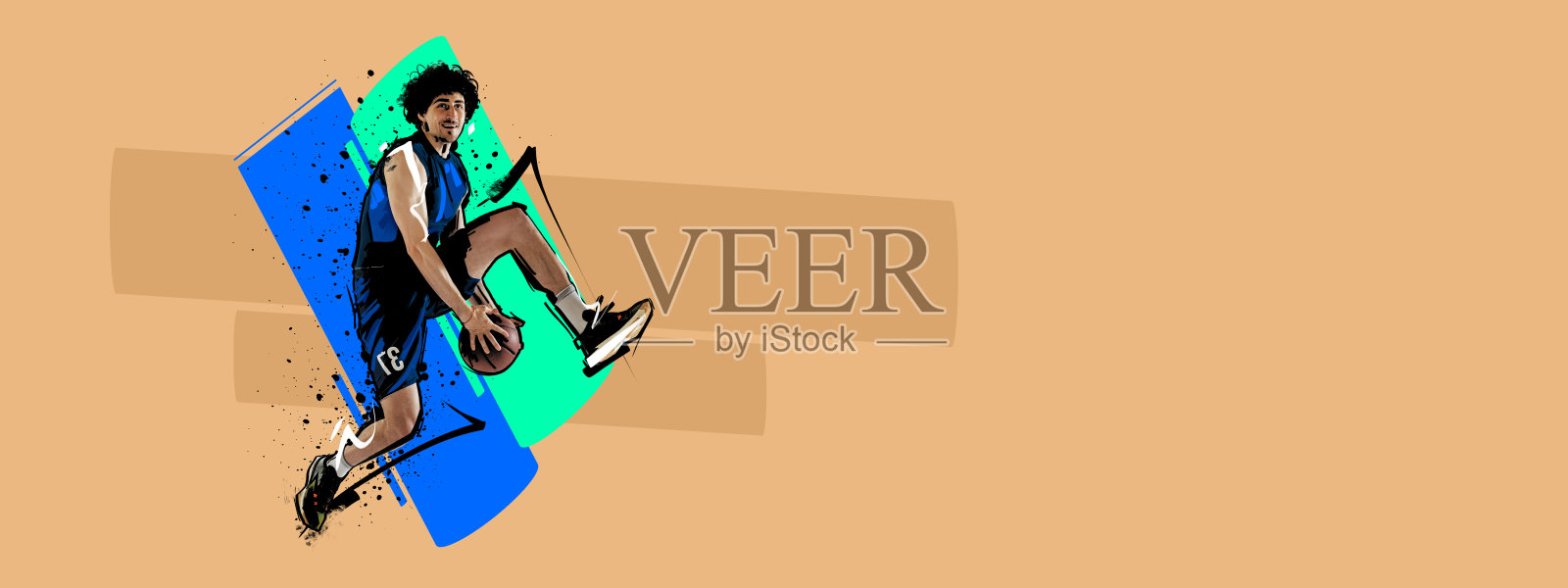 运动拼贴与职业篮球运动员的行动，运动与球孤立在复古颜色几何背景。艺术、创意和广告插画图片素材