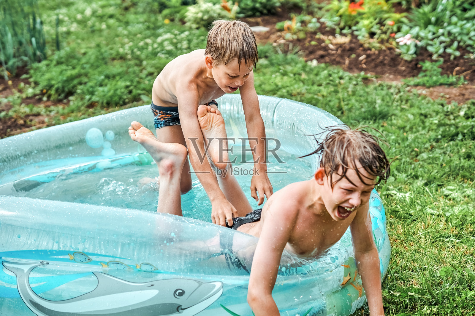 兄弟俩在院子里的儿童充气泳池里摔跤照片摄影图片