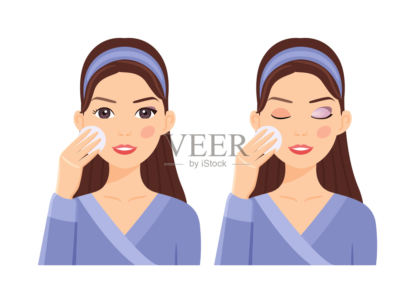 美丽的女人与棉花在手上卸妆在脸上。漂亮快乐的女士睁开和闭上的眼睛。之前和之后。彩色卡通风格。白色背景。矢量图像的美设计。插画图片素材