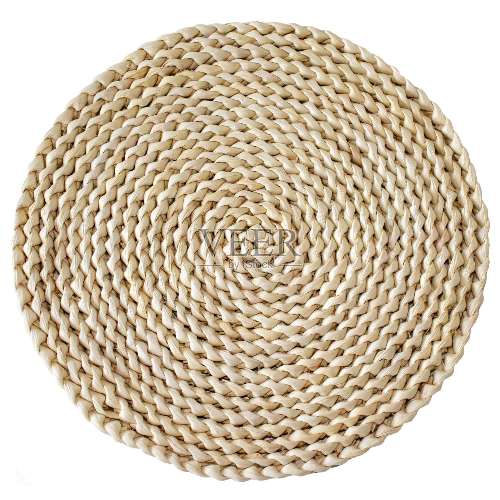 浅棕色圆形风信子编织地毯，白色绝缘背景照片摄影图片