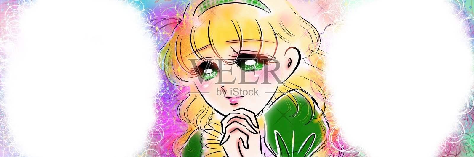 宽尺寸卡通插图70年代的女孩卡通金发烫发的年轻女士摆姿势祈祷她的捶打爱和玫瑰花园背景的实现。插画图片素材