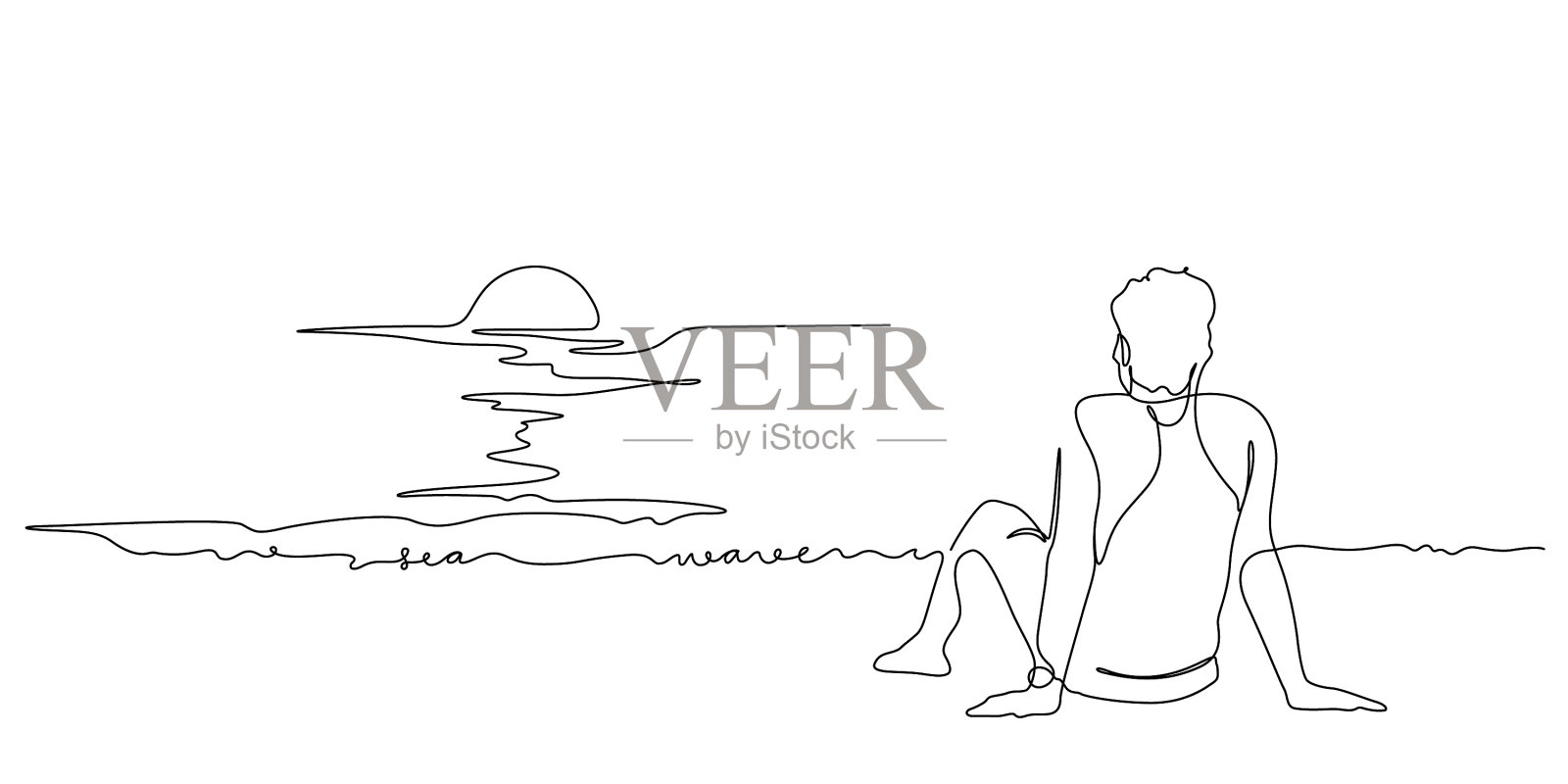 人与日落海景线艺术插画图片素材