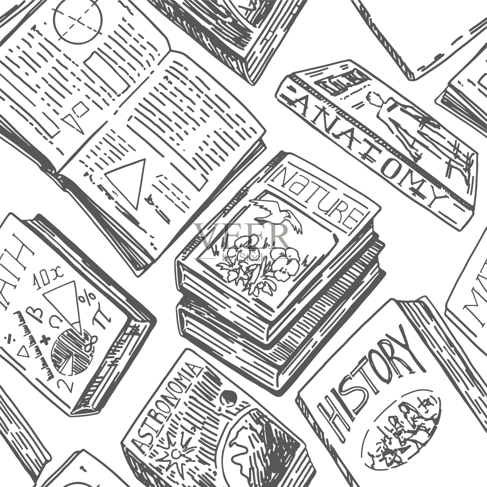 教科书的装饰。文学、教育教科书复古写生风格。抽象手绘矢量无缝图案。用于设计纺织品、墙纸、装饰。插画图片素材