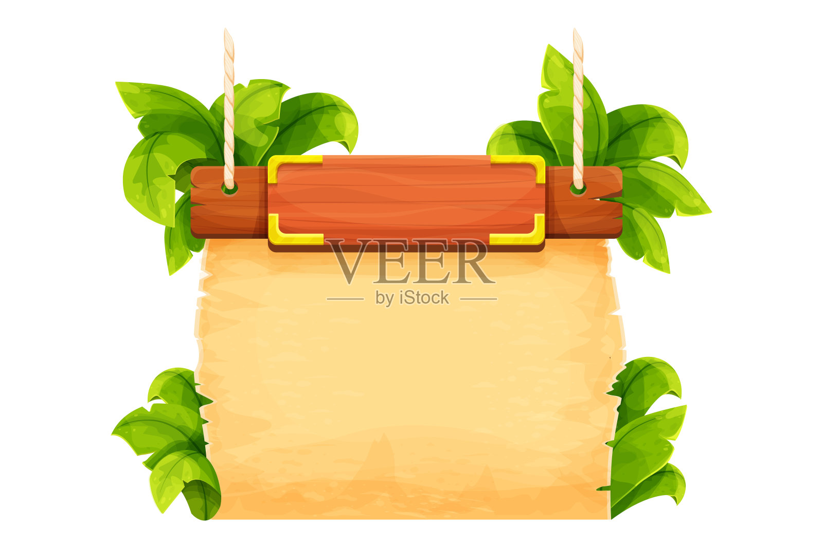 丛林框架与木板，旧纸，绳子，装饰植物和树叶在漫画漫画风格孤立在白色背景。部落、乡村剪贴画。Ui游戏资产。矢量图设计元素图片