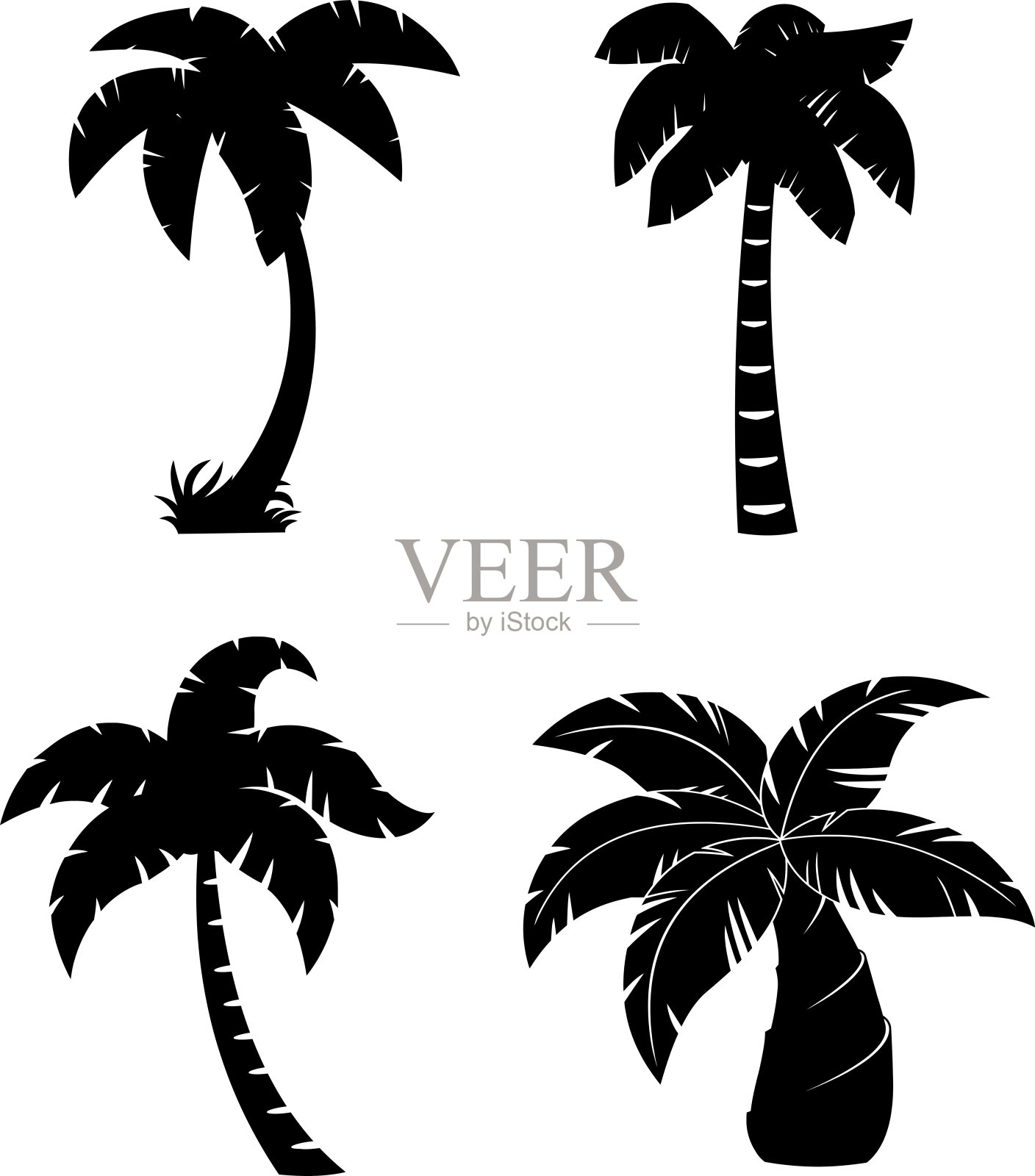 不同的黑色棕榈树剪影。矢量手绘集合集设计元素图片