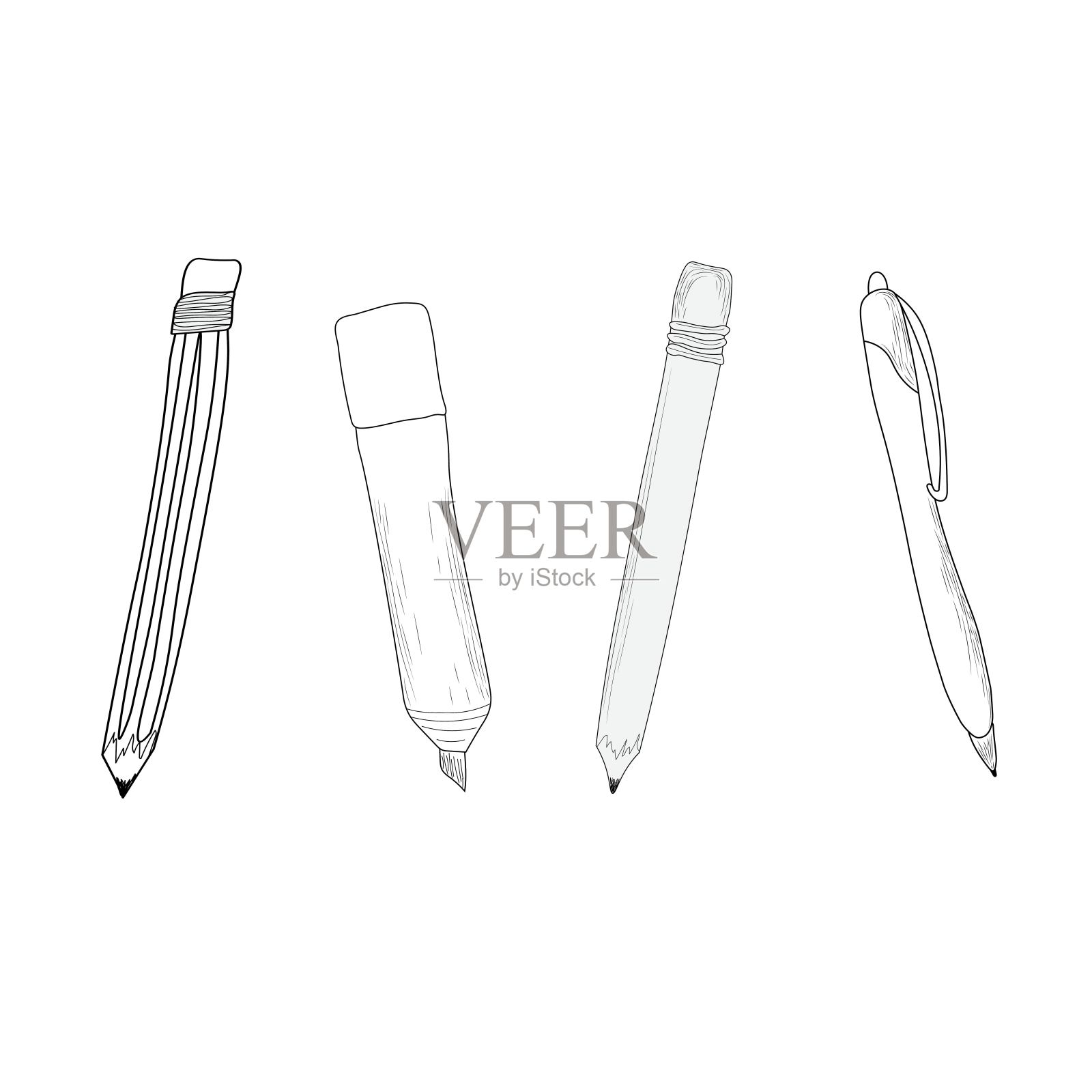铅笔、笔和记号笔的线条画，着色文具的轮廓画，学校文具。插画图片素材