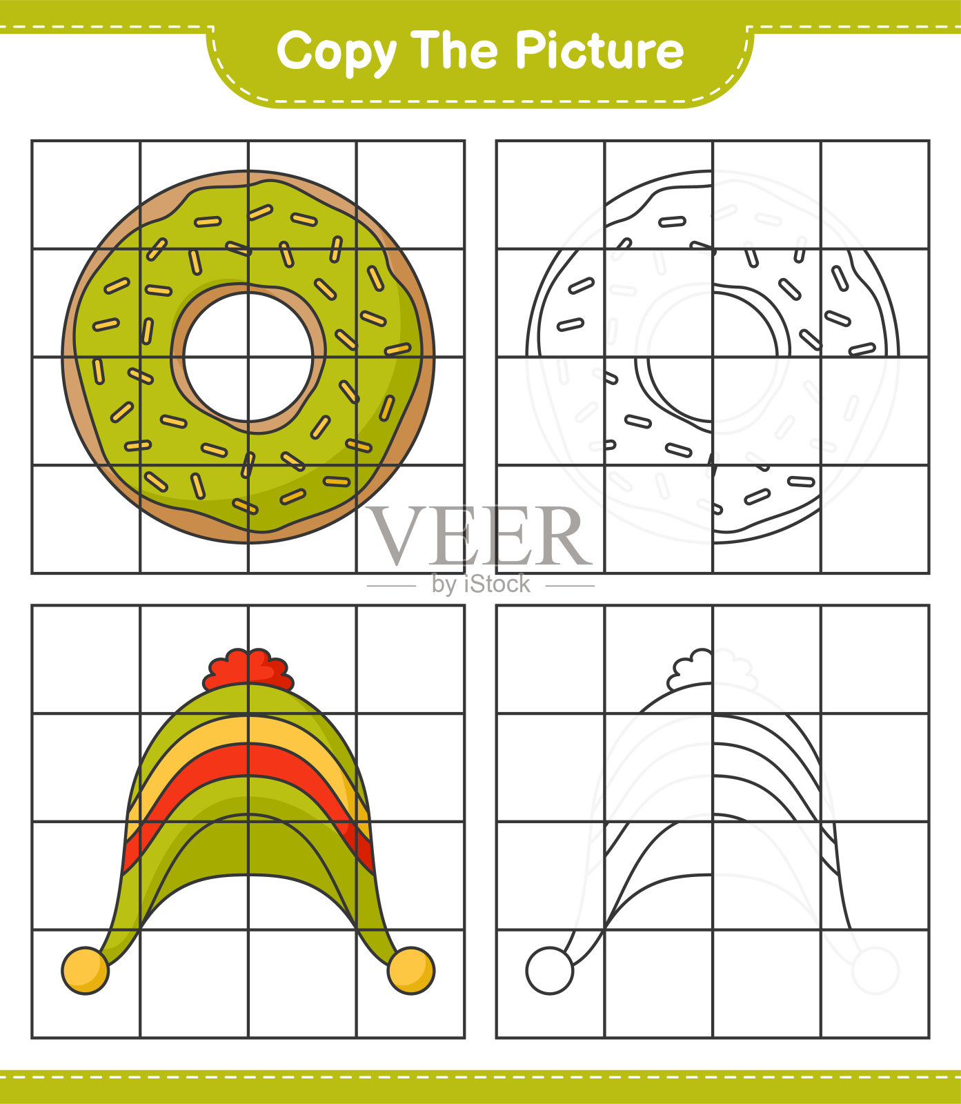 复制图片，使用网格线复制Donut和Hat的图片。教育儿童游戏，可打印的工作表，矢量插图插画图片素材