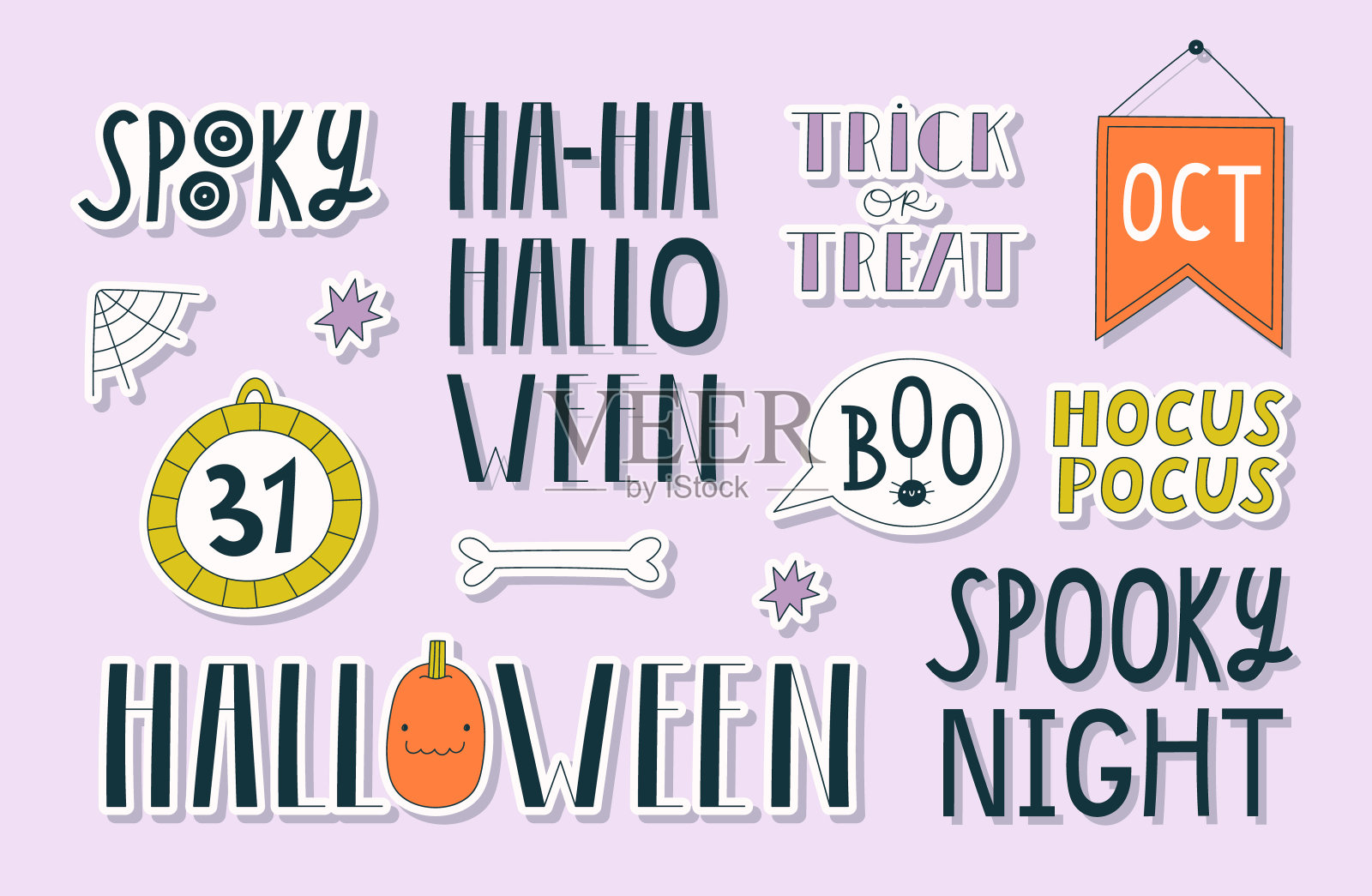 矢量组手绘万圣节短语和单词插画图片素材
