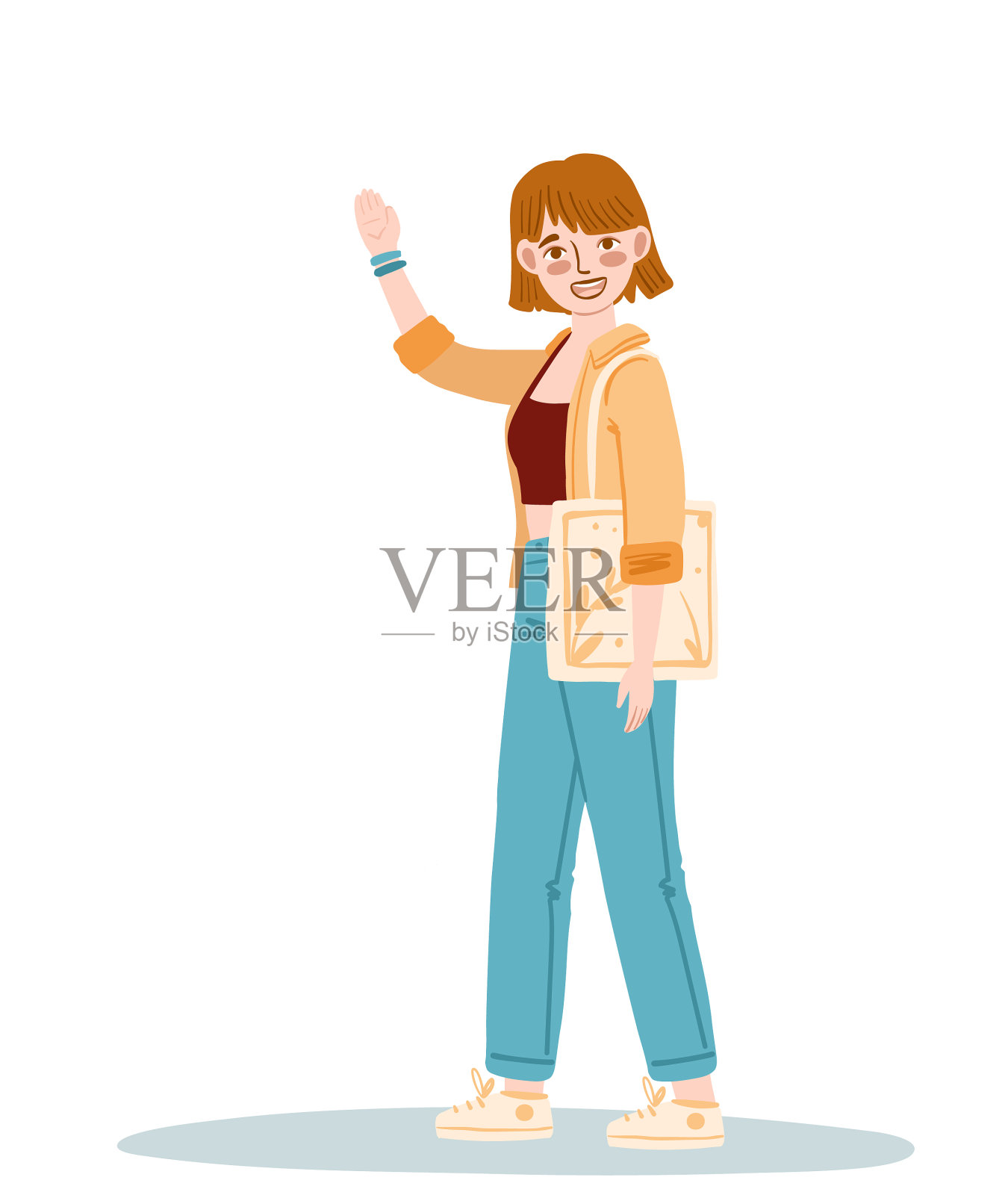 红头发的女孩站着，挥动着她的手插画图片素材