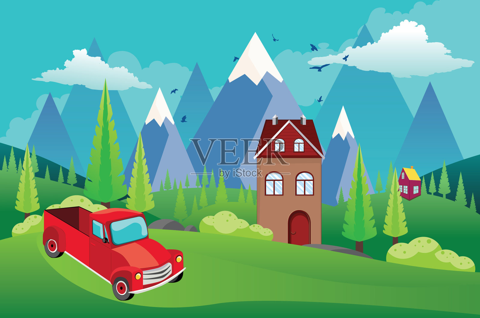 山绿小山红皮卡插画图片素材