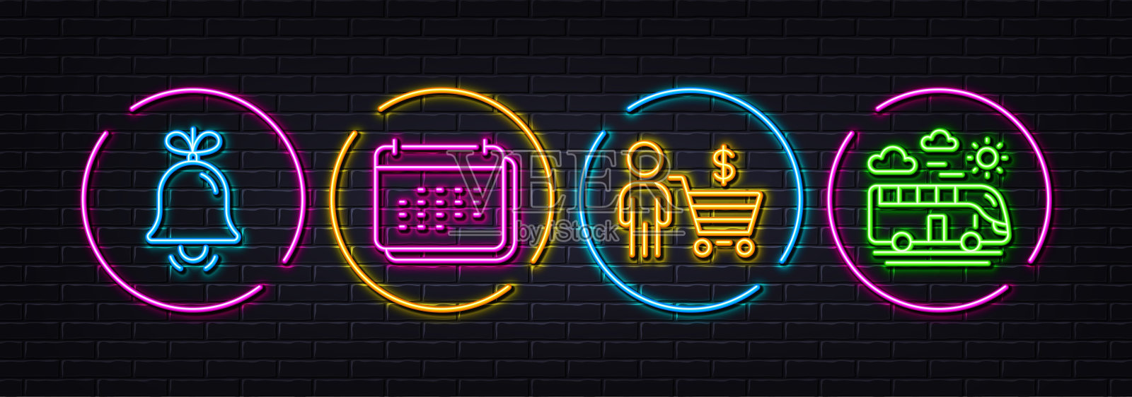 买家，铃铛和日历最小线图标。对于网页应用，打印。氖激光3d灯。向量插画图片素材