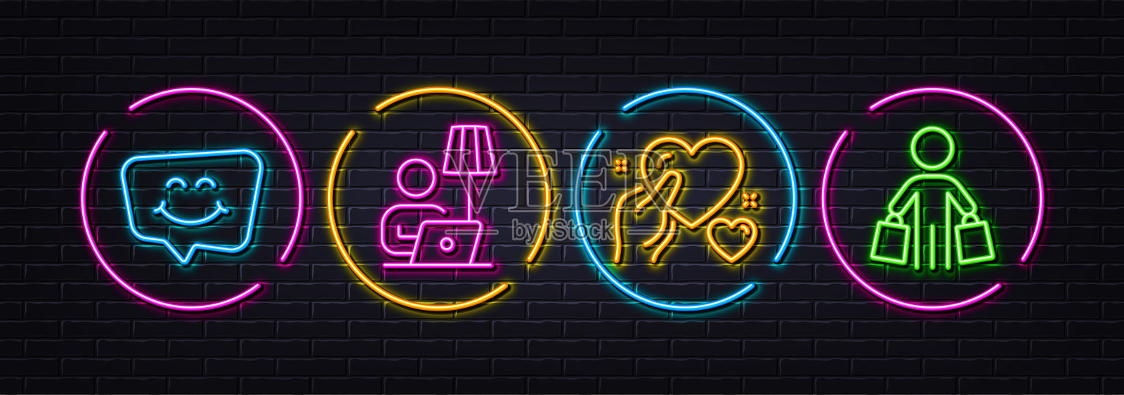 落地灯，微笑聊天和Hold heart最小线图标。对于网页应用，打印。氖激光3d灯。向量插画图片素材