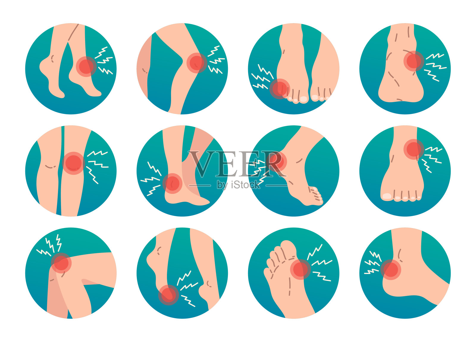 腿痛和受伤矢量图标设置在圆框设计插画图片素材