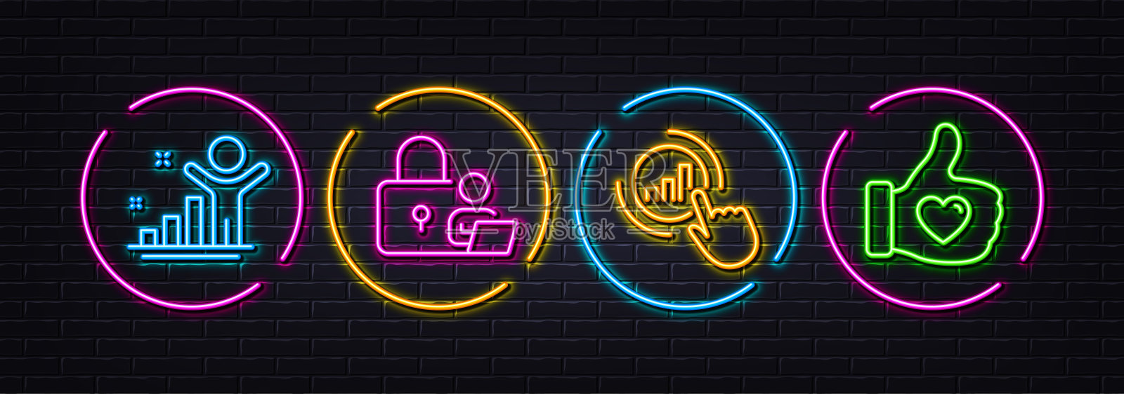 图表，赢家和锁定最小线图标。对于网页应用，打印。氖激光3d灯。向量插画图片素材