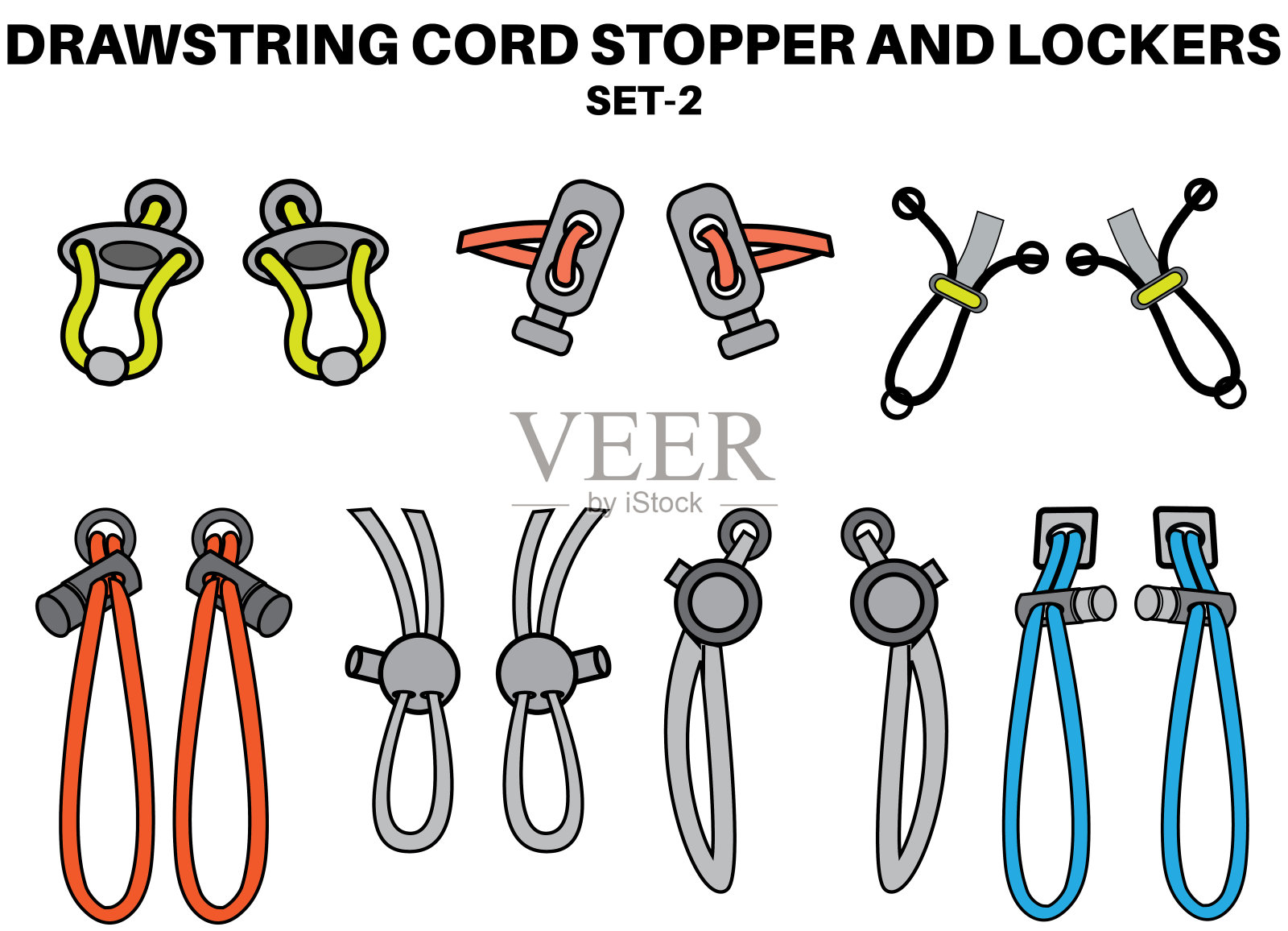 拉绳绳塞子平面素描矢量插图。套拉绳锁滑块切换扣件，包，背，夹克，短裤。塑料拉绳锁端拨动可拉或紧固插画图片素材