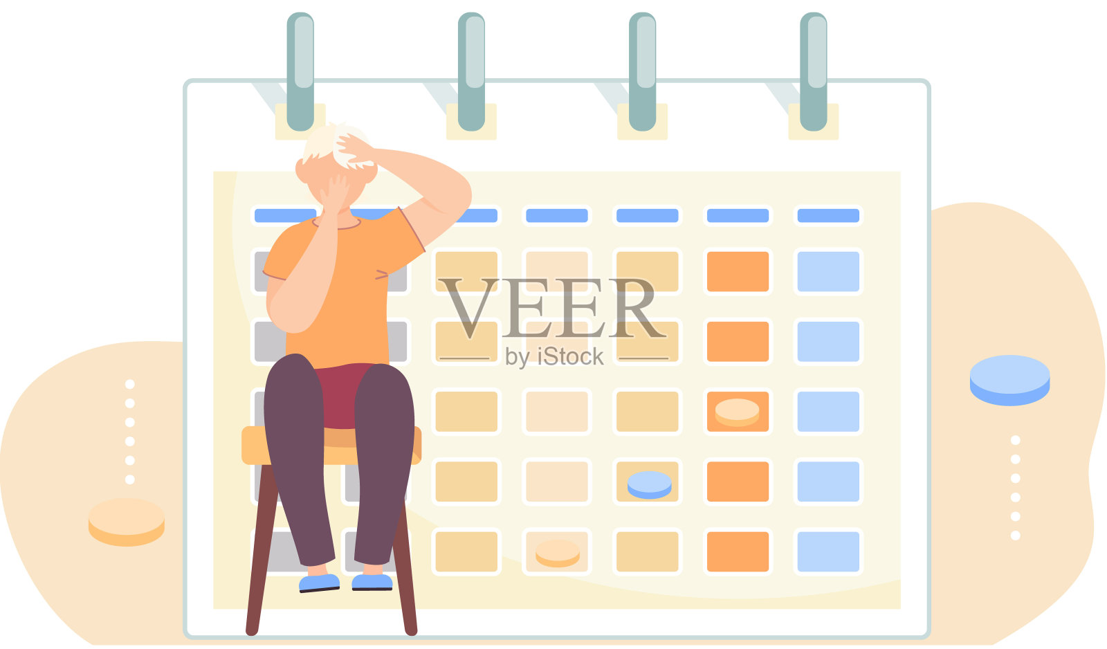 那人坐在椅子上，用手捂住脸。背景是时间表或日历插画图片素材