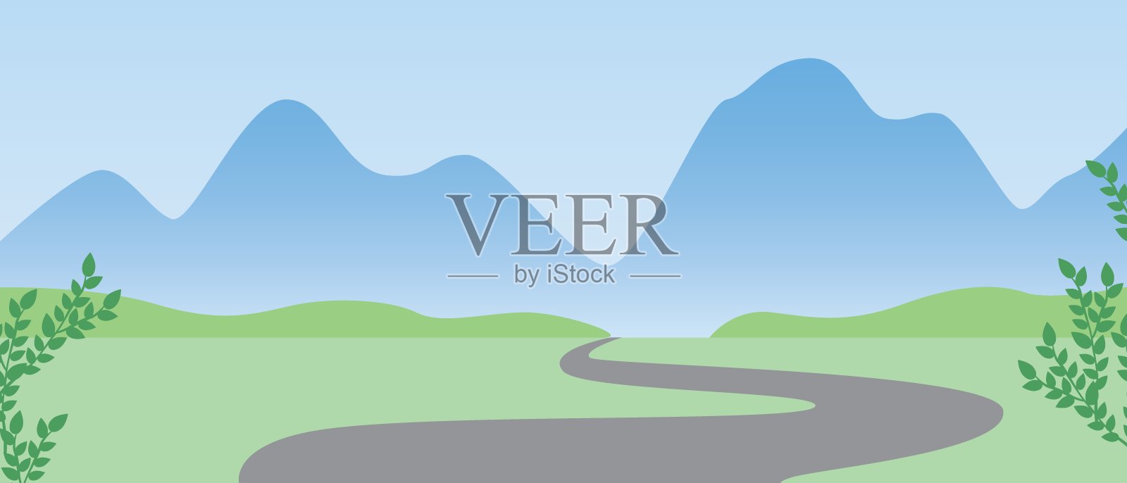 山地景观配道路，平坦矢量stock插图或图案，无人插画图片素材