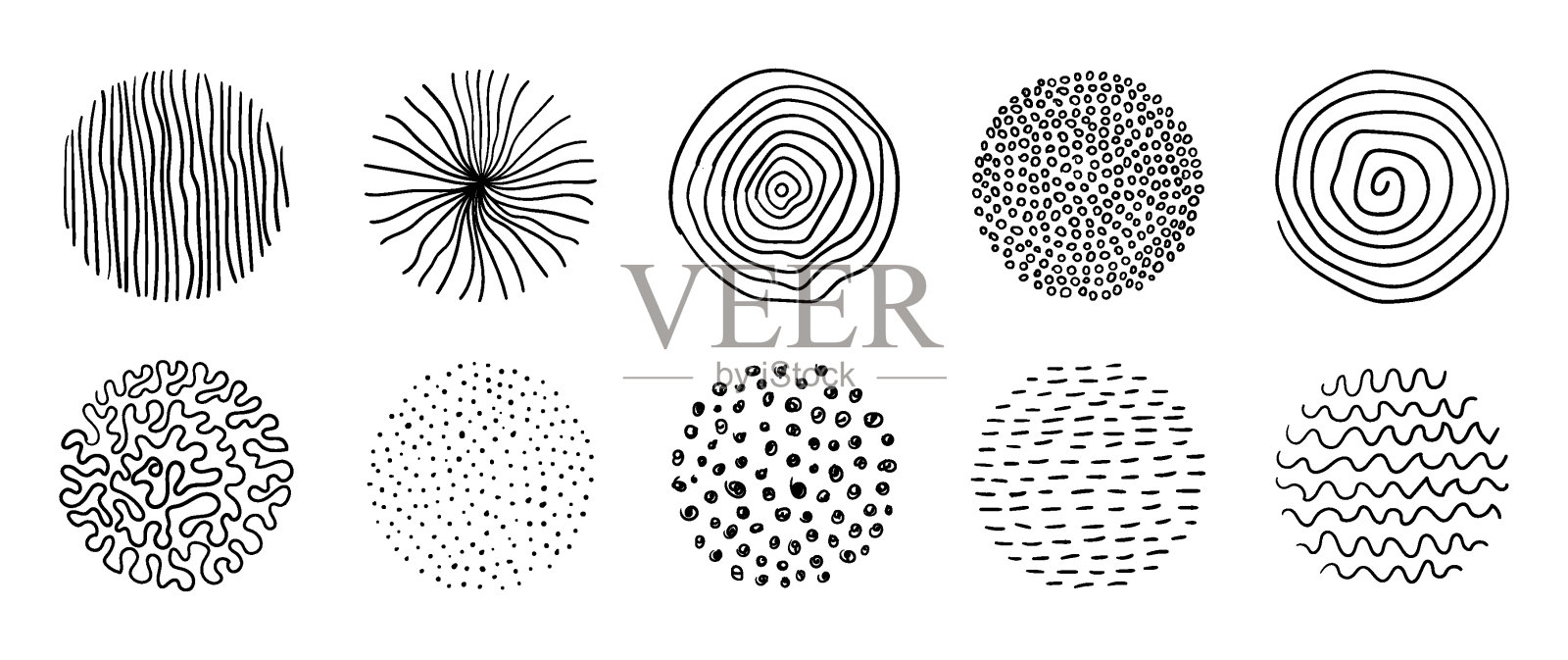 圆形涂鸦手绘纹理。矢量抽象艺术涂鸦。最小的斑点和条纹图案插画图片素材