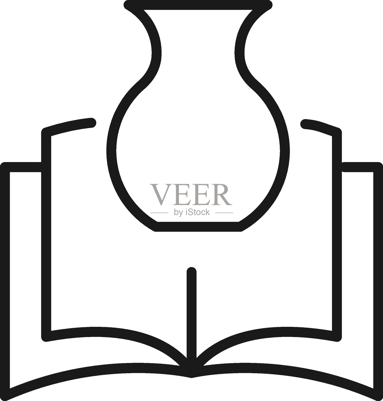 百科、科学、教育标志。高质量的标志商店，书籍，文章，网站。可编辑的中风。矢量线图标的花瓶在打开的书插画图片素材