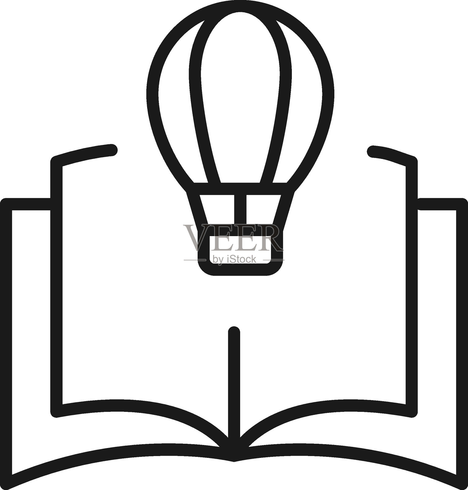 百科、科学、教育标志。高质量的标志商店，书籍，文章，网站。可编辑的中风。矢量线图标的气球在打开的书插画图片素材