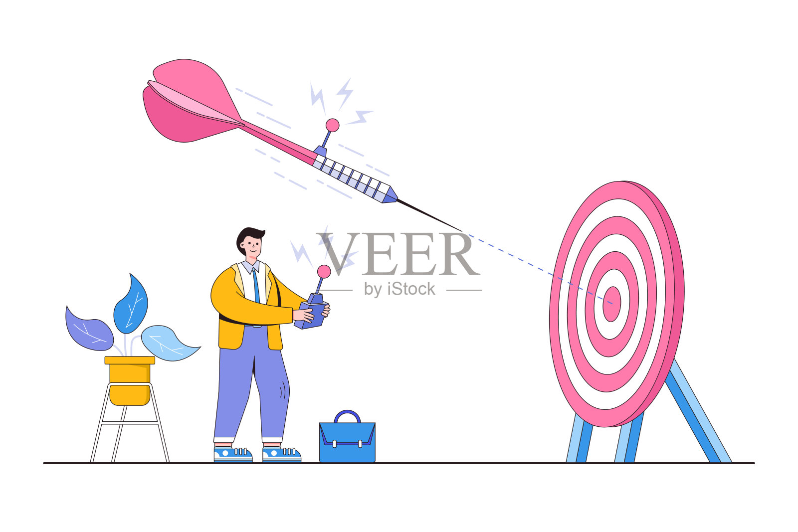 聪明地设定目标，实现目标目标，完成任务或在挑战中成长成功的经营理念。商人用遥控器使飞镖指向大飞镖插画图片素材