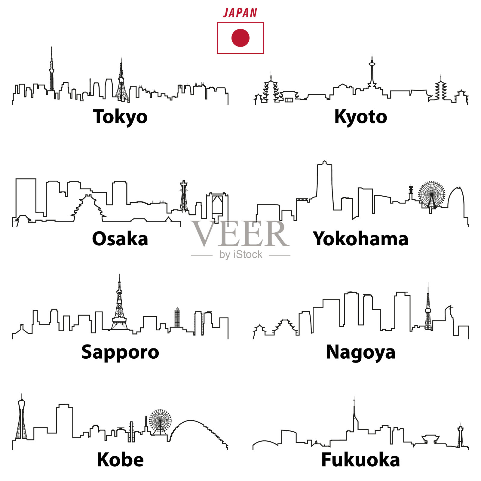 日本城市的天际线勾勒出图标插画图片素材