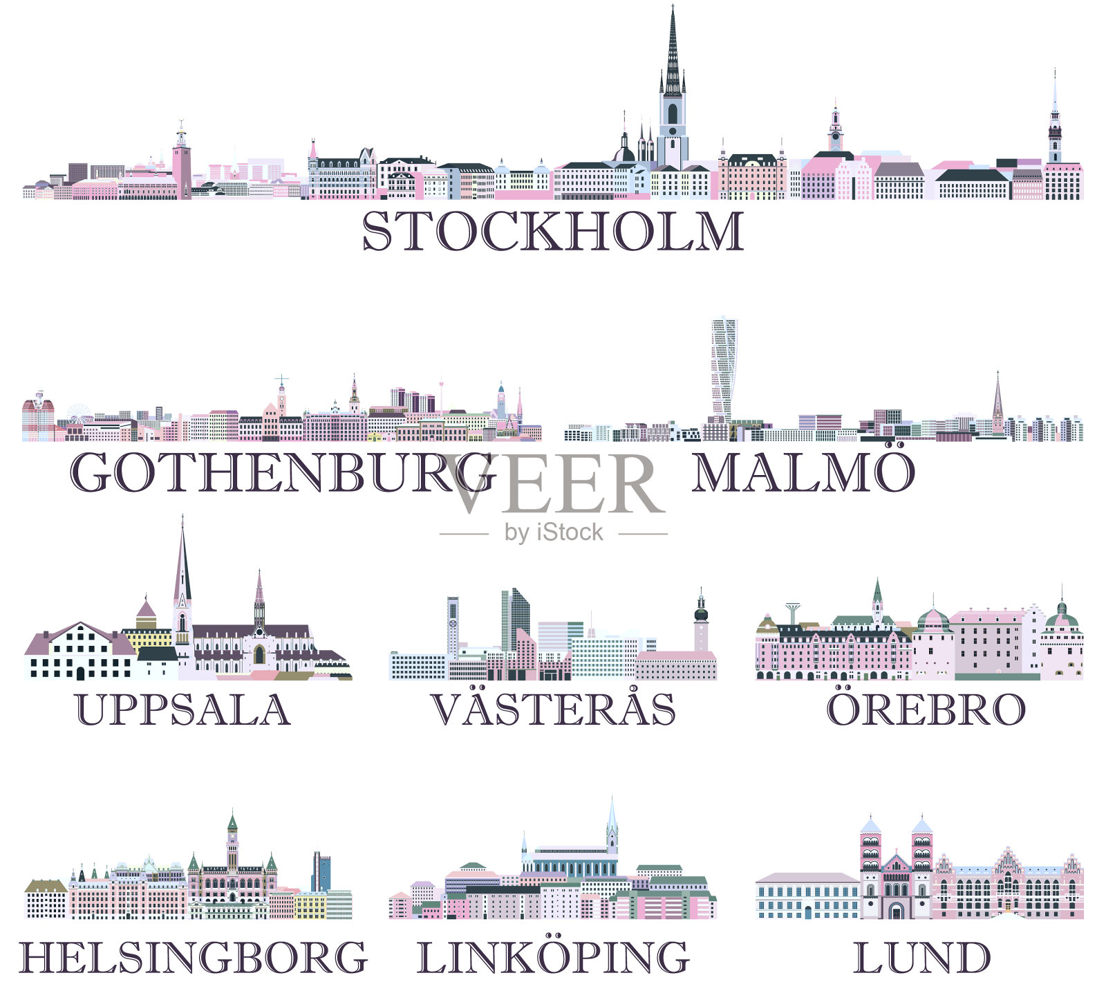 瑞典主要城市天际线集合插画图片素材