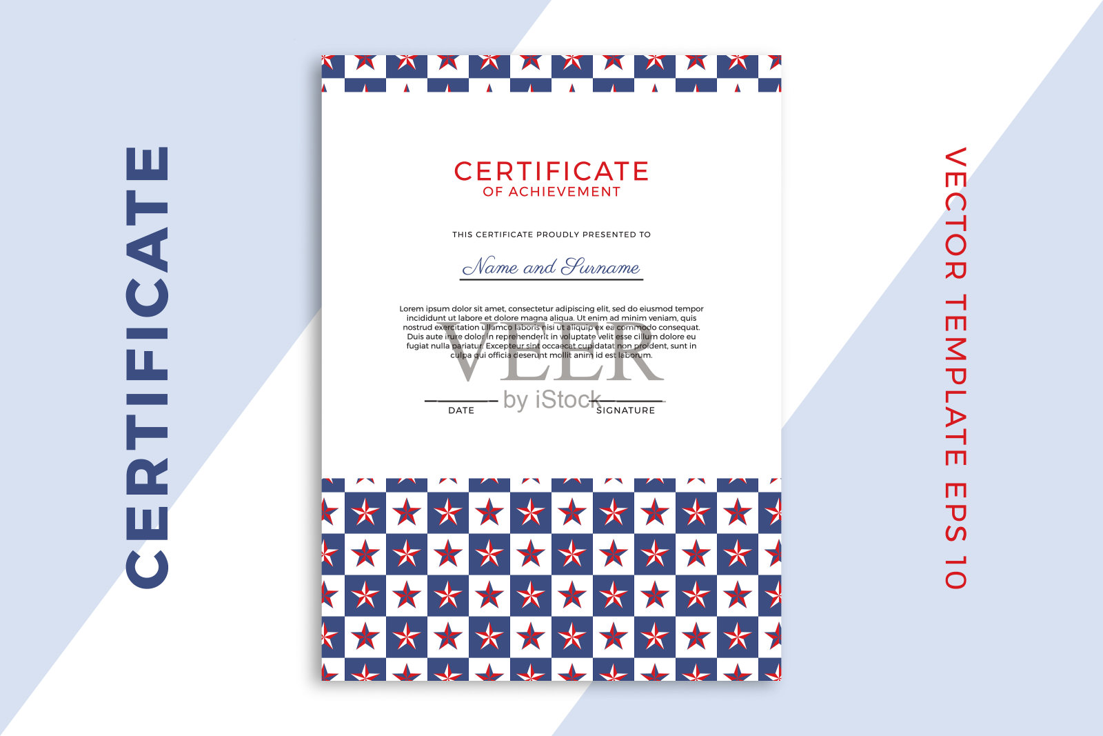 垂直商业文凭模拟毕业或课程完成。星形几何图案的现代鉴赏证书模板设计。矢量背景EPS 10设计模板素材