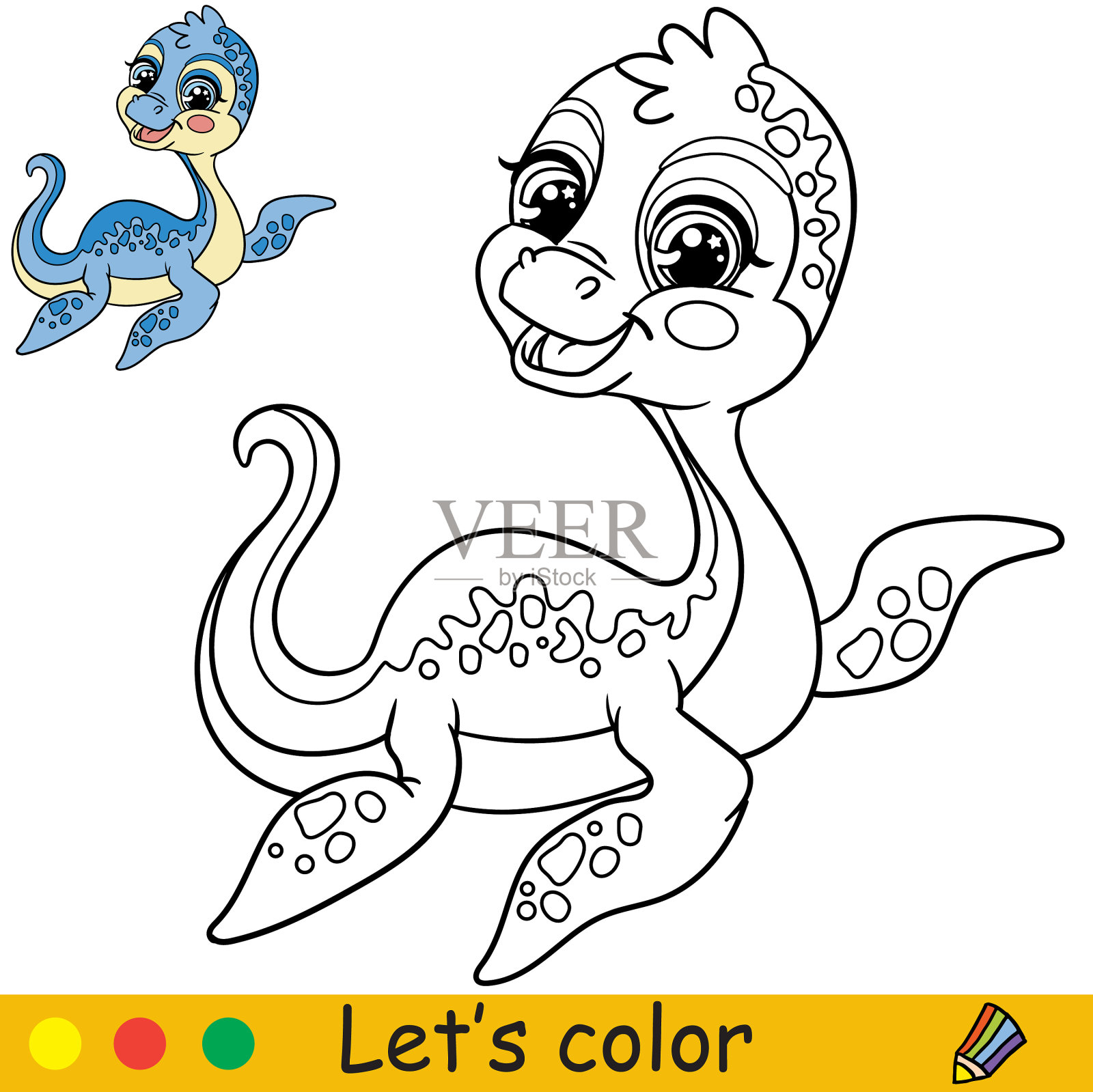 卡通婴儿蛇颈龙涂色书页插画图片素材