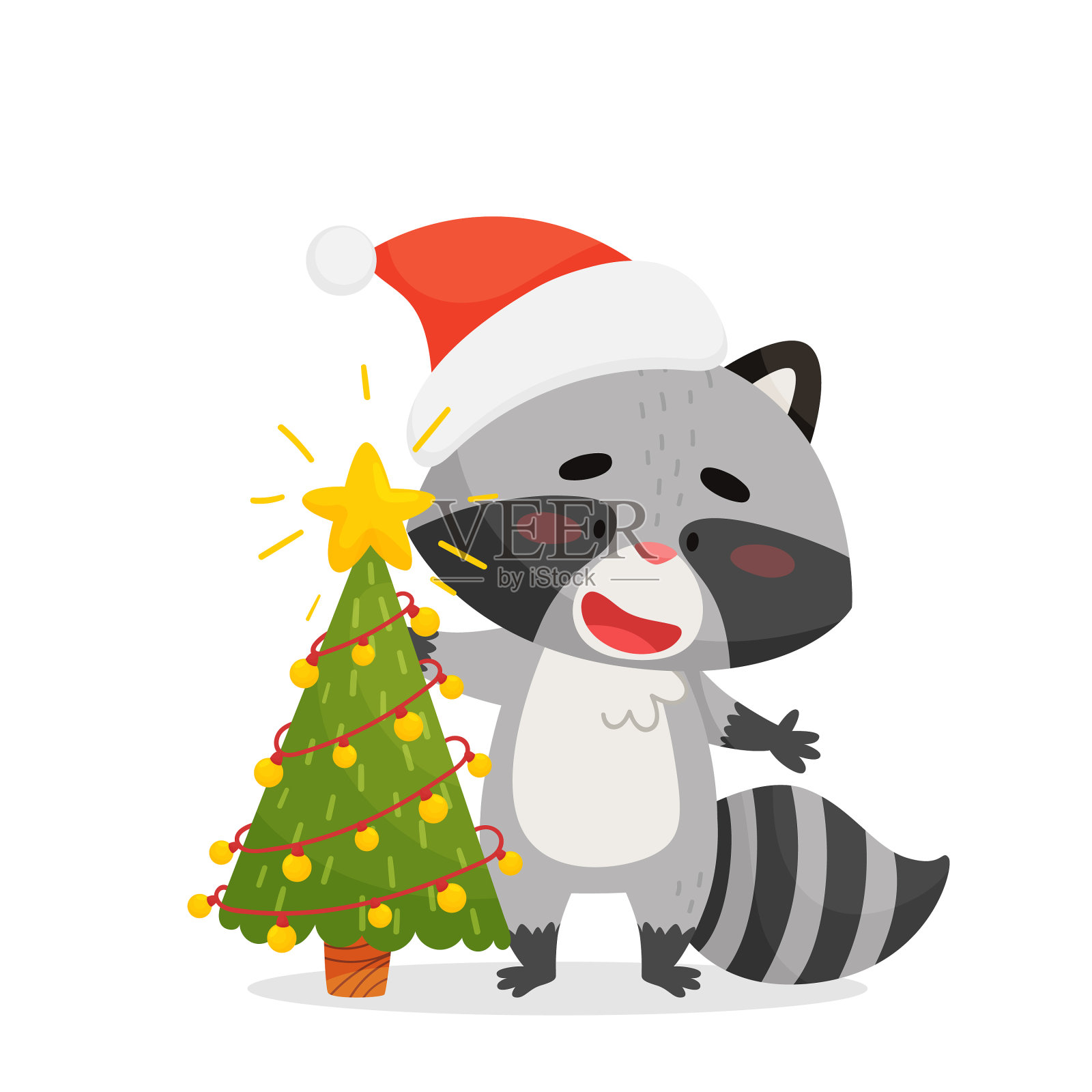 一只戴着帽子的浣熊站在圣诞树后面设计元素图片