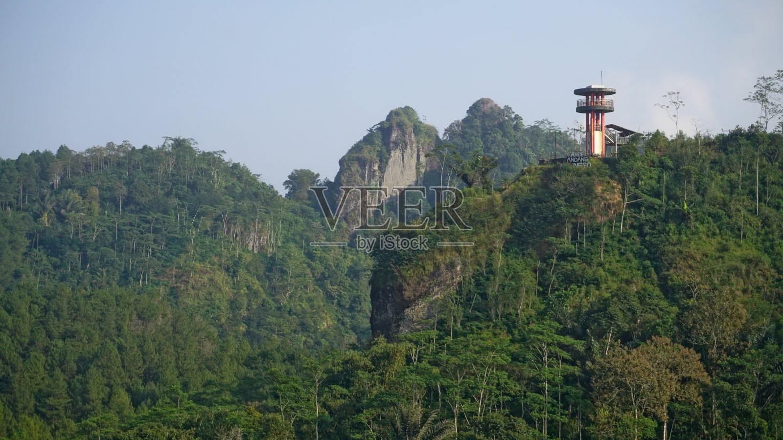 山上长满了树木，茂密的森林上建有一座塔照片摄影图片