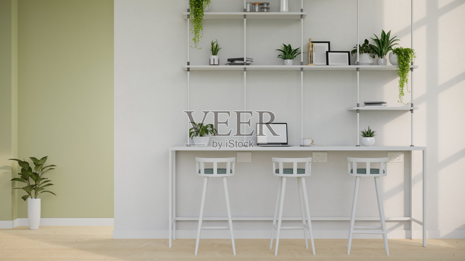 现代简约的白色和绿色咖啡馆联合工作空间室内设计与现代墙架照片摄影图片