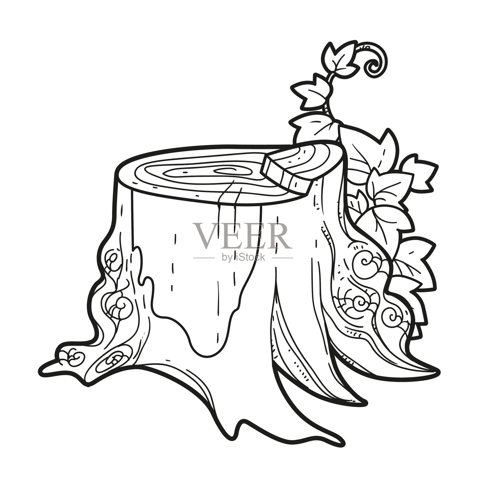 大树桩与常春藤线形绘图着色设计元素图片