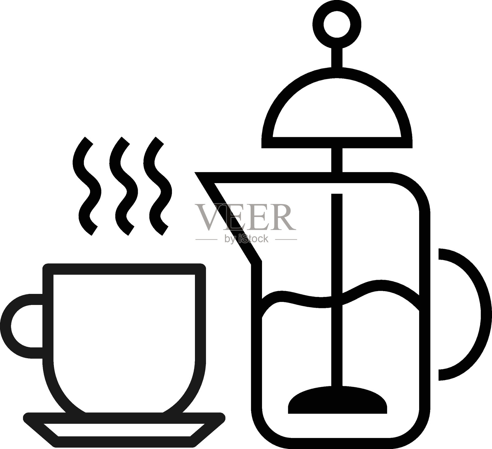 烹饪，食物和厨房的概念。收集现代轮廓单色图标在平面风格。法式压壶和热茶的线条图标插画图片素材
